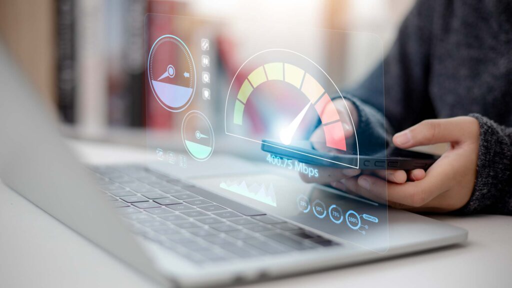 Hand holding smartphone and Virtual screen of Internet speed measurement